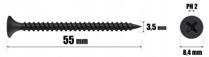 WKRĘTY DO PŁYT GK PROFILI DREWNA METALU CZARNE FOSFATOWANE 3,5x55mm | 1kg