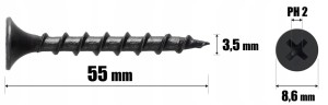WKRĘTY DO DREWNA CZARNE PH2 FOSFATOWANE DO PŁYT GK REGIPS 3,5 x 55 mm | 1kg