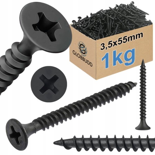 WKRĘTY DO PŁYT GK PROFILI DREWNA METALU CZARNE FOSFATOWANE 3,5x55mm | 1kg