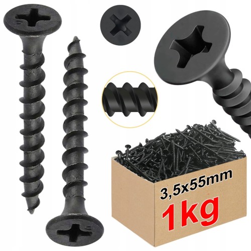 WKRĘTY DO DREWNA CZARNE PH2 FOSFATOWANE DO PŁYT GK REGIPS 3,5 x 55 mm | 1kg
