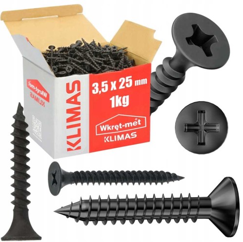 WKRĘTY DO METALU CZARNE PH2 FOSFATOWANE DO PŁYT GK 3,5 x 25 mm | 1kg KLIMAS