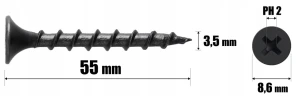 WKRĘTY DO DREWNA CZARNE PH2 FOSFATOWANE DO PŁYT GK 3,5 x 55 mm | 1kg KLIMAS