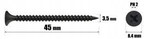 WKRĘTY DO METALU CZARNE PH2 FOSFATOWANE DO PŁYT GK 3,5 x 45 mm | 1kg KLIMAS