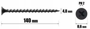 Wkręty do drewna czarne ph2 fosfatowane do płyt gk regips 4,8 x 140mm | 1kg
