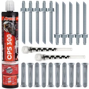 ZS: 1x Arvex CPS 300 ml, 2x mieszacz, 10x tuleja 12x80 M6-M8, 10x pręt gwintowany M8x100