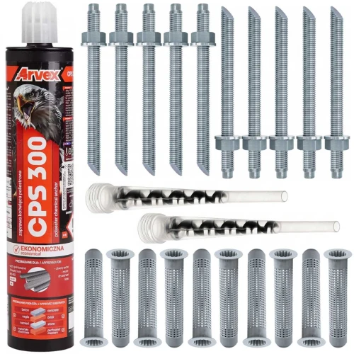 ZS: 1x Arvex CPS 300 ml, 2x mieszacz, 10x tuleja 12x80 M6-M8, 10x pręt gwintowany M8x100